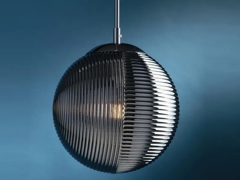 LED Pendelleuchte einflammig mit Relief Glaskugel aus Rauchglas, Ø 25cm
