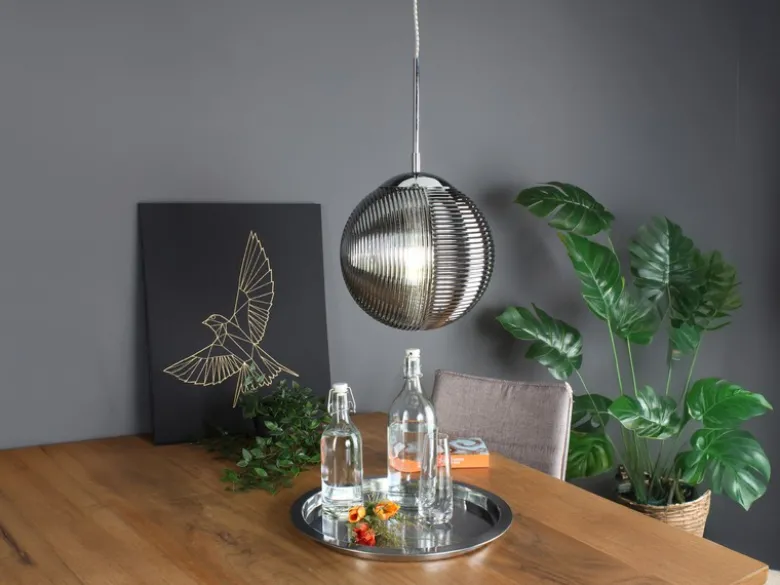LED Pendelleuchte einflammig mit Relief Glaskugel aus Rauchglas, Ø 25cm