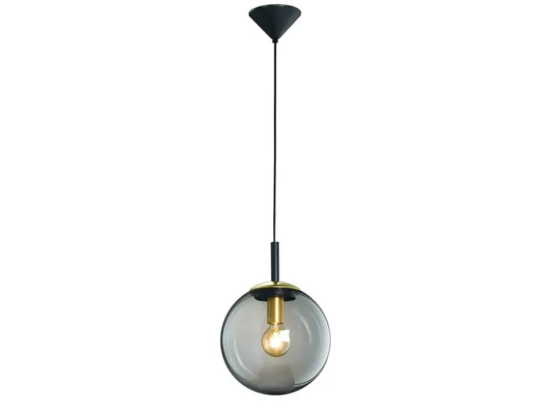 LED Pendelleuchte einflammig Rauchglas Schwarz mit Messing Kugel, Ø 25cm