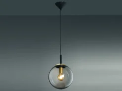 LED Pendelleuchte einflammig Rauchglas Schwarz mit Messing Kugel, Ø 25cm