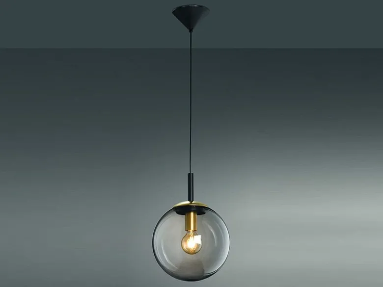 LED Pendelleuchte einflammig Rauchglas Schwarz mit Messing Kugel, Ø 25cm
