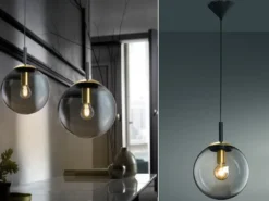 LED Pendelleuchte einflammig Rauchglas Schwarz mit Messing Kugel, Ø 25cm