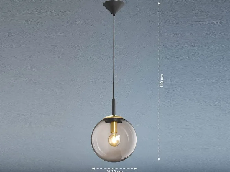 LED Pendelleuchte einflammig Rauchglas Schwarz mit Messing Kugel, Ø 25cm
