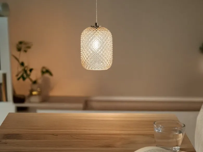 LED Pendelleuchte einflammig Kristall Glasschirm Bernsteinfarben, Ø15cm