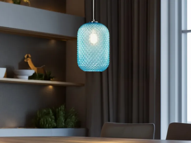 LED Pendelleuchte einflammig Kristall Glasschirm in Blau, Ø 20cm