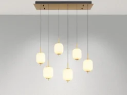LED Pendelleuchte EWALD 6-flammig aus Metall Messing & Opalglas, B: 80,5cm