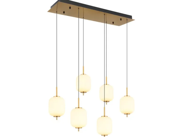 LED Pendelleuchte EWALD 6-flammig aus Metall Messing & Opalglas, B: 80,5cm