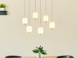 LED Pendelleuchte EWALD 6-flammig aus Metall Messing & Opalglas, B: 80,5cm