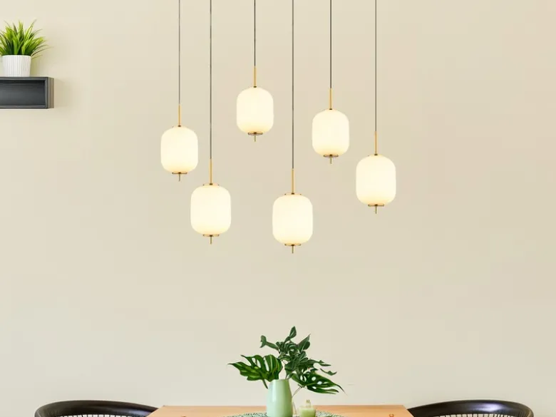 LED Pendelleuchte EWALD 6-flammig aus Metall Messing & Opalglas, B: 80,5cm