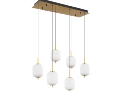LED Pendelleuchte EWALD 6-flammig aus Metall Messing & Opalglas, B: 80,5cm