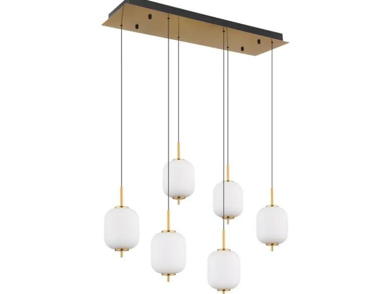 LED Pendelleuchte EWALD 6-flammig aus Metall Messing & Opalglas, B: 80,5cm