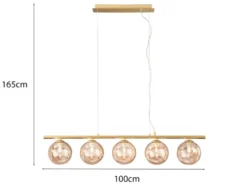 LED Pendelleuchte 5-flammig Gold-Glaskugeln Bernstein, Breite 100cm