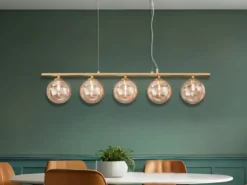 LED Pendelleuchte 5-flammig Gold-Glaskugeln Bernstein, Breite 100cm