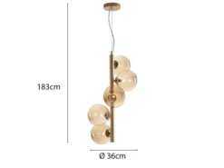LED Pendelleuchte 5-flammig Gold-Glaskugeln Bernsteinfarbig, Höhe 183cm