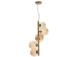 LED Pendelleuchte 5-flammig Gold-Glaskugeln Bernsteinfarbig, Höhe 183cm
