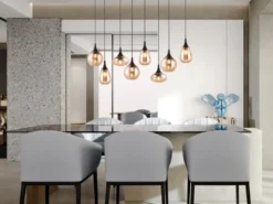 LED Pendelleuchte 8-flammig groß mit Glas amberfarbig, Breite 121cm