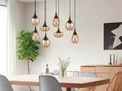 LED Pendelleuchte 8-flammig groß mit Glas amberfarbig, Breite 121cm