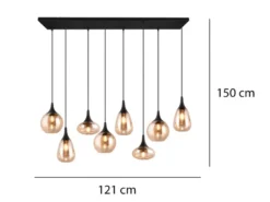 LED Pendelleuchte 8-flammig groß mit Glas amberfarbig, Breite 121cm