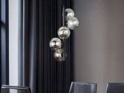 LED Pendelleuchte 5 flammig in Schwarz-Glaskugeln Rauchglas, Höhe 183cm