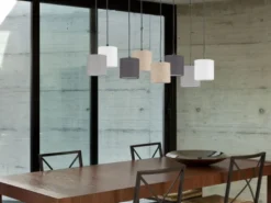 LED Pendelleuchte 8-flammig lang Stoffschirme Bunt, Breite 115cm