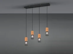 LED Pendelleuchte 4-flammig Lampenschirme Schwarz & Holz, Breite 65cm