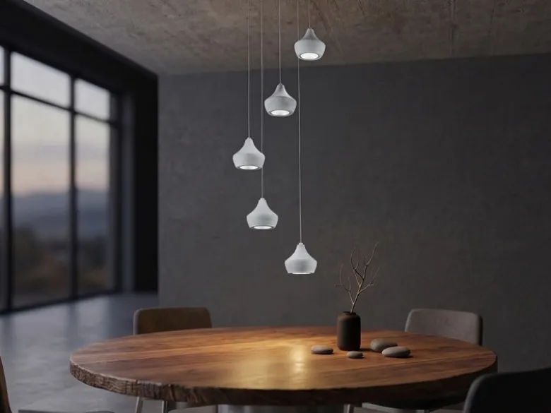 LED Pendelleuchte 5-flammig Metall Silber, Schirme Beton, Ø 35cm