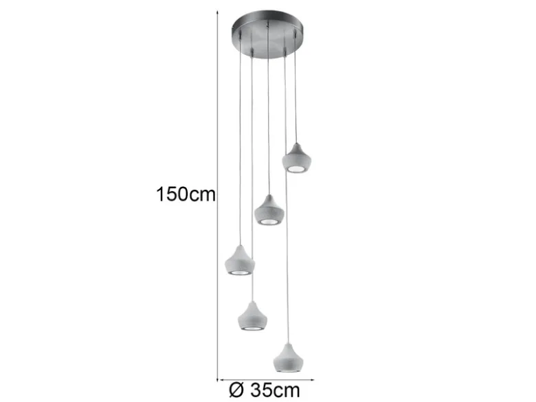 LED Pendelleuchte 5-flammig Metall Silber, Schirme Beton, Ø 35cm
