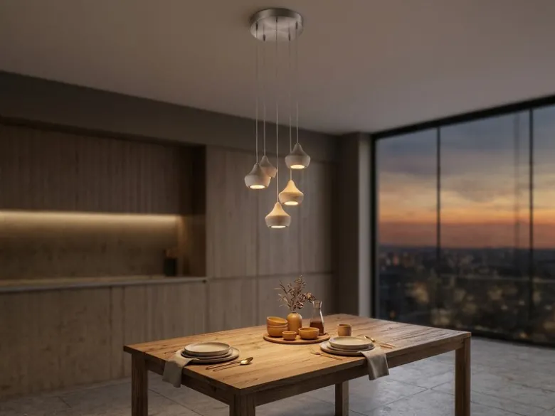 LED Pendelleuchte 5-flammig Metall Silber, Schirme Beton, Ø 35cm