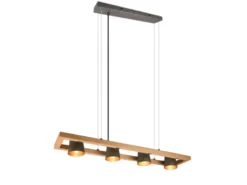 LED Pendelleuchte 4-flammig Metallschirme schwenkbar im Holzrahmen, B: 100cm