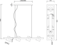LED Pendelleuchte 4-flammig Metallschirme schwenkbar im Holzrahmen, B: 100cm
