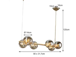 LED Pendelleuchte 6-flammig Messing & Amberglas Kugeln, Breite 80cm