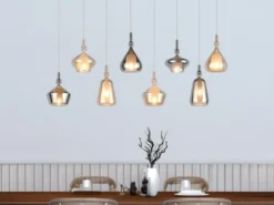 LED Pendelleuchte 8-flammig mit Glas in Bernstein & Chrom verspiegelt, B:125cm