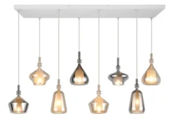LED Pendelleuchte 8-flammig mit Glas in Bernstein & Chrom verspiegelt, B:125cm