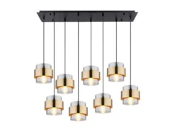 LED Pendelleuchte 8-flammig mit Rauchglas und Messing, Breite 103cm
