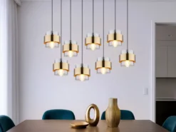 LED Pendelleuchte 8-flammig mit Rauchglas und Messing, Breite 103cm