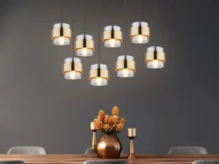 LED Pendelleuchte 8-flammig mit Rauchglas und Messing, Breite 103cm