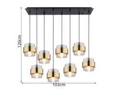 LED Pendelleuchte 8-flammig mit Rauchglas und Messing, Breite 103cm
