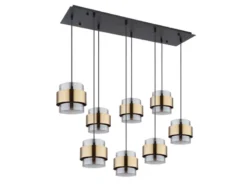 LED Pendelleuchte 8-flammig mit Rauchglas und Messing, Breite 103cm