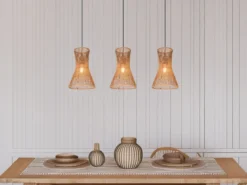 LED Pendelleuchte 3-flammig mit Lampenschirmen aus Papiergarn, Breite 75cm