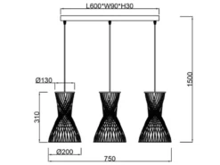 LED Pendelleuchte 3-flammig mit Lampenschirmen aus Papiergarn, Breite 75cm