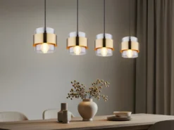 LED Pendelleuchte 4-flammig mit Rauchglas und Messing lang, Breite 111cm