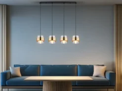 LED Pendelleuchte 4-flammig mit Rauchglas und Messing lang, Breite 111cm