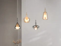 LED Pendelleuchte 4-flammig mit Glas Bernstein & Chrom verspiegelt, B: 74,5cm