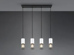 LED Pendelleuchte 4-flammig mit Holz Weiß und Drahtgeflecht, Breite 65cm