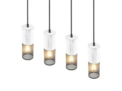 LED Pendelleuchte 4-flammig mit Holz Weiß und Drahtgeflecht, Breite 65cm