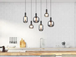 LED Pendelleuchte 6-flammig mit Glasschirmen Chrom bedampft, Breite 92cm