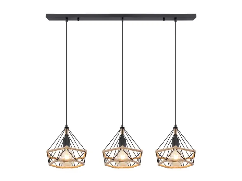 LED Pendelleuchte 3-flammig mit Hanfseil und Drahtgestell, Breite 100cm