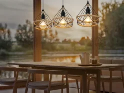 LED Pendelleuchte 3-flammig mit Hanfseil und Drahtgestell, Breite 100cm