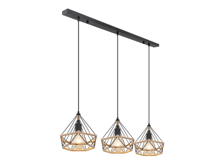 LED Pendelleuchte 3-flammig mit Hanfseil und Drahtgestell, Breite 100cm