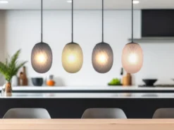 LED Pendelleuchte 4-flammig mit farbigen ovalen Glasschirmen B: 117cm